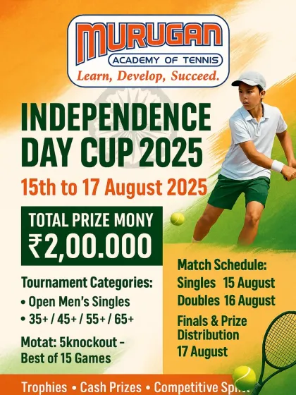 This poster for our Independence Day Cup shows the scale of events we host, with significant prize money and categories for all ages, from Open Men's Singles to 65+. We organize themed tournaments that bring together competitive spirit and celebration.