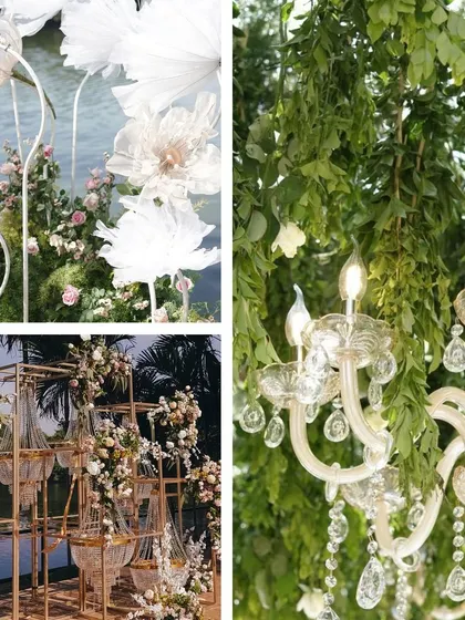 A collage showcasing the elegant details, from the chandeliers in the trees to the custom floral installations.
