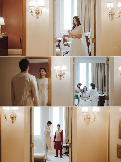 A collage showing the "getting ready" process for both the bride and groom, capturing the anticipation from their separate rooms.