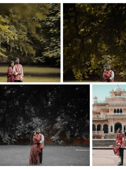 A series of photos taken in a lush green park and in front of the Albert Hall Museum, showcasing the couple's connection amidst both natural and architectural beauty.