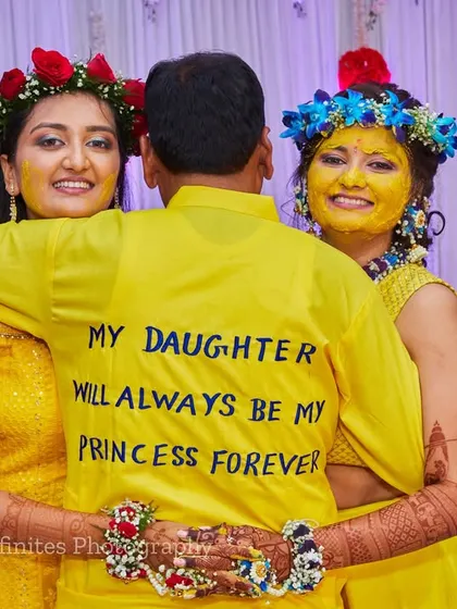 An incredibly emotional and personal moment. Capturing the father's love for his daughters during the Haldi ceremony is a memory this family will always treasure.