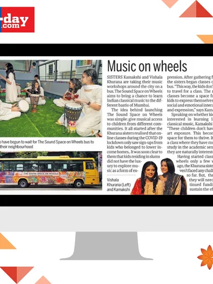 The full Mid-Day article about our 'Music on wheels' project, showing the children waiting for the bus to arrive in their neighborhood.