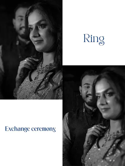A modern, graphic-style collage from the ring exchange ceremony, using black and white to create a timeless and chic feel.