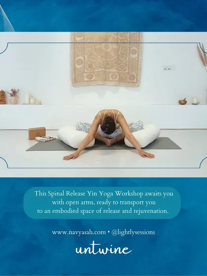 Using props like bolsters allows the body to feel fully supported and melt into a shape. Here, I am in a supported forward fold, a deeply restorative shape for the spine and nervous system.
