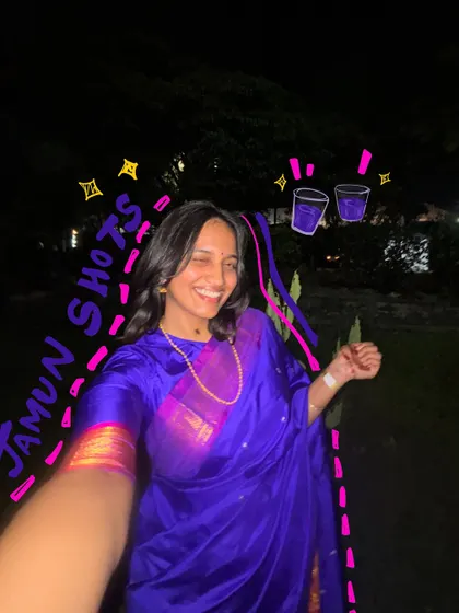 Jamun shots and a jamun-colored saree. The doodles celebrate this fun, color-coordinated moment.