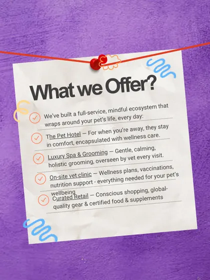 What do we offer? This graphic lists our full suite of services, including The Pet Hotel, Luxury Spa & Grooming, an on-site vet clinic, and curated retail. We've built a mindful ecosystem that wraps around your pet's life.