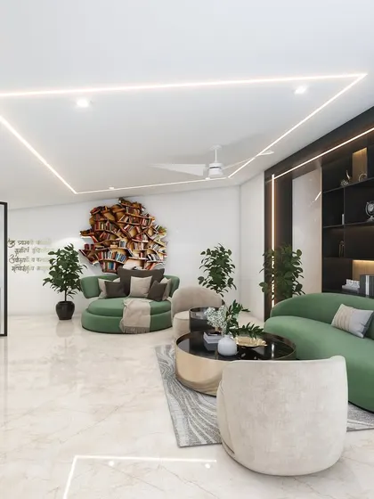 A wider view of the lobby, showcasing the creative use of space. The bookshelf mural is a playful touch, and the sleek, modern lighting design makes the room feel bright and open.