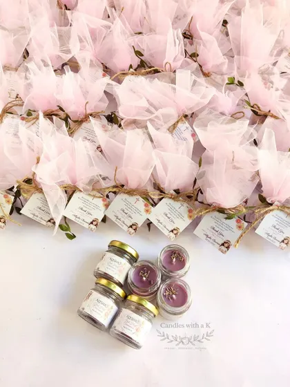 An order of 70 mini soy wax candles in a calming purple hue, scented with lavender lemongrass, for Alysha's First Holy Communion.