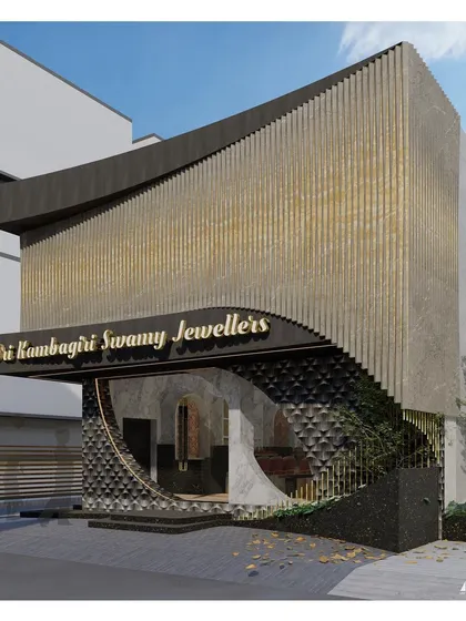 This rendering showcases the interplay of form and material. The design features a dark, scale-like texture that grounds the entrance, flowing upwards to meet the elegant, sweeping lines of the main building, creating a sense of organic movement.