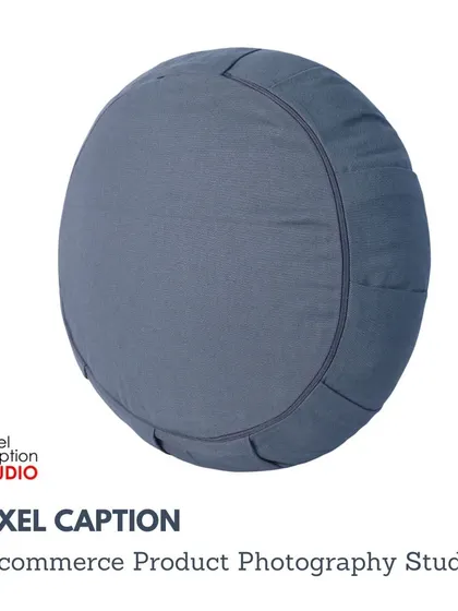 A branded image of the blue-grey yoga cushion, ready for your online store.