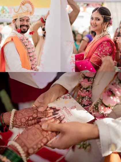A collage capturing key moments of a Maharashtrian wedding, from the groom's anticipation to the couple holding hands during the ceremony.