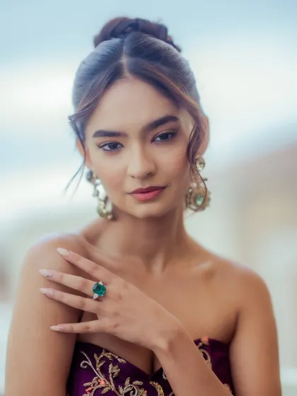 A close up of the Cannes look, showing the delicate details of the emerald ring and earrings that completed the ensemble. Jewelry selection is a key part of my red carpet styling service.