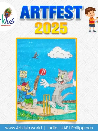 A playful take on the theme, this junior artist imagined cartoon favorites Tom and Jerry enjoying a game of cricket.
