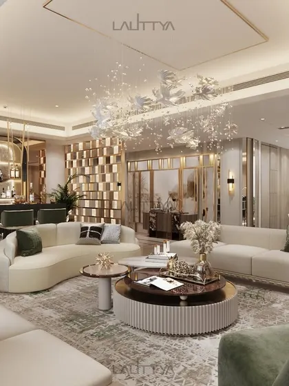 An immersive symphony of design and elegance. This living space redefines contemporary luxury with sculptural lighting, artfully crafted bespoke furniture, and a dynamic bar area framed by organic textures and golden accents.