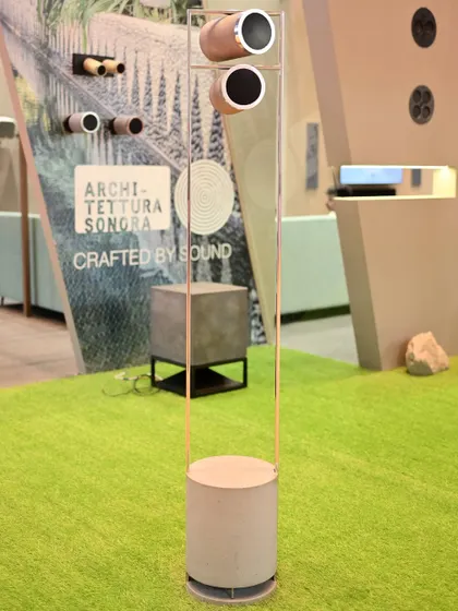 The Icarus stand-alone speaker, showcased here in an exhibition setting, is designed for any acoustic need, from living spaces to outdoor patios. Its elegant form factor proves that powerful sound can come in a beautiful package.