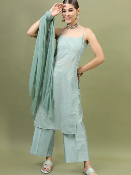 A sophisticated ethnic suit set I styled for Visudh. The strappy kurta and palazzo pants in a soft mint green create an elegant and modern traditional look.