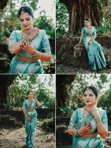 A collage of the bride in a beautiful blue saree, posing in a natural, green setting, showcasing her grace and elegance.