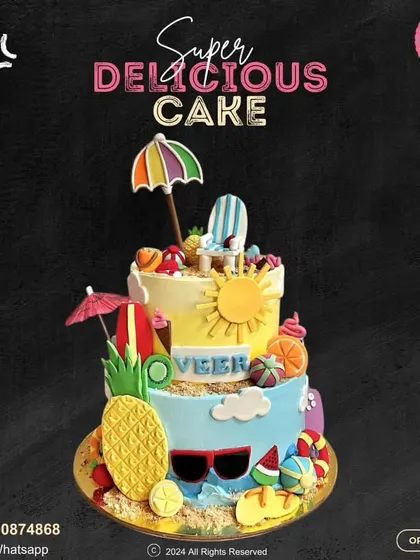 A vibrant, two-tier tropical beach cake perfect for a summer party. This fun design is loaded with details like pineapples, sunglasses, surfboards, and beach balls.