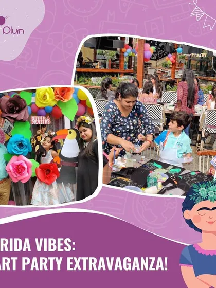 A collage showcasing the vibrant energy of a Frida Kahlo-inspired art party. These events are filled with bold colors, floral themes, and lots of creative expression for all ages.