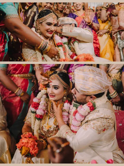 A collage of emotional moments from the wedding ceremony. These images capture the smiles, blessings, and sacred rituals that define a South Indian wedding.