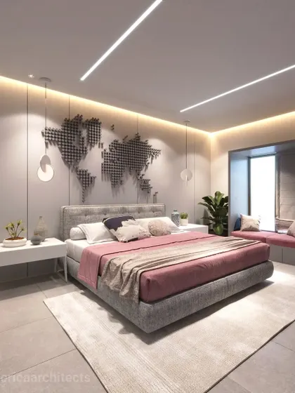 A contemporary bedroom with a unique 3D world map art piece above the headboard. The room uses a soft color palette of grey and pink, with a cozy window seat.