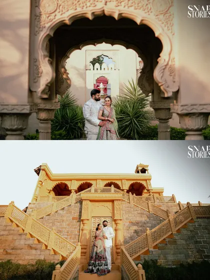 A grand, architectural pre-wedding shoot that feels like a scene from a movie. We work with couples to find stunning locations that reflect their style, creating epic and artistic portraits.