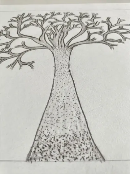 A student's drawing of a tree using the stippling technique for shading.