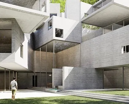 A 3D render exploring the 'Tetris' concept for an upcoming residence in Delhi. The design is an agglomeration of interlocking concrete blocks, creating a complex interplay of solid and void, interior and exterior spaces.