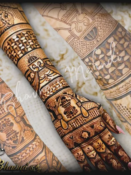 A creative collage of a bridal back hand design. This image highlights the different sections of the intricate pattern, including the 'kalash' and initials.