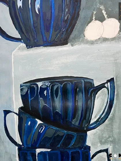 A close-up of a finished monochrome painting of stacked blue cups. The artist has skillfully captured the reflections and highlights to create a realistic effect.