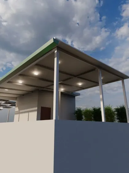 This 3D design shows the exterior view of a proposed terrace enclosure, highlighting the clean lines of the structure and its integration with the rooftop.