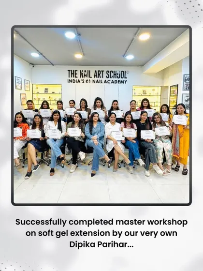 The graduating class of our master workshop on soft gel extensions, proudly holding their certificates with founder Dipika Parihar.