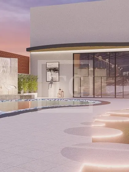 This render showcases the integration of different design elements in the hotel project, including the pool, water feature, and unique illuminated seating, creating a cohesive and luxurious landscape.