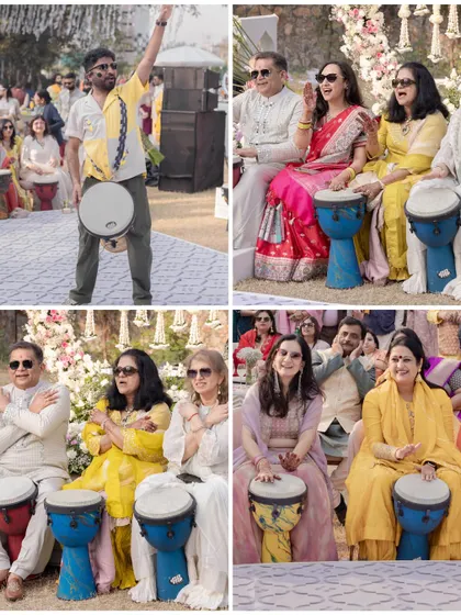 A collage showing guests enjoying a drum circle at a Haldi. Interactive entertainment is key to a memorable event.