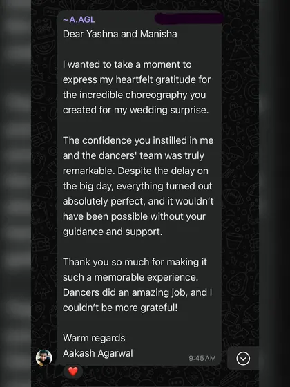 "The confidence you instilled in me and the dancers' team was truly remarkable." A heartfelt message from a groom for whom we planned a grand surprise.