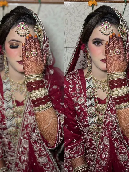 A beautiful Nikkah bride, with her henna-adorned hand adding to the elegance of her pose.