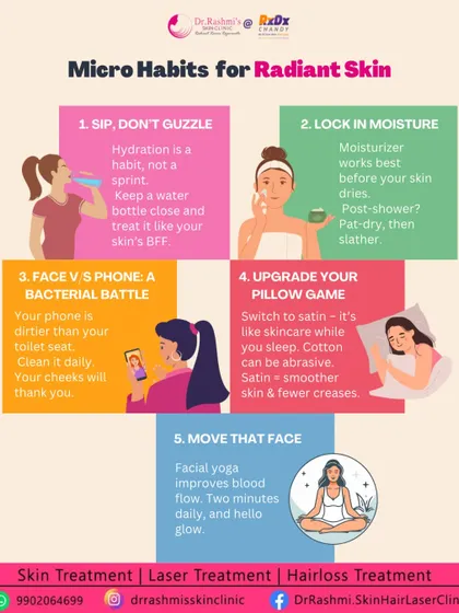 Radiant skin starts with small, consistent habits. This infographic shares five micro-habits, like sipping water, cleaning your phone, and using a satin pillowcase, that can make a significant difference in your skin's health and glow.