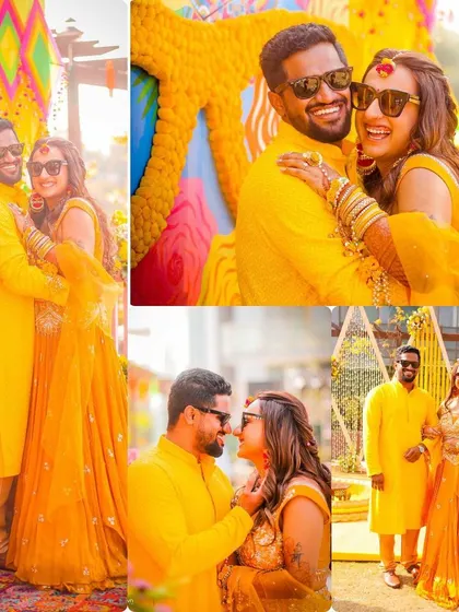 A collage dedicated to the happy couple during their Haldi ceremony. It showcases their loving embraces, playful interactions, and joyful portraits against a colourful backdrop.
