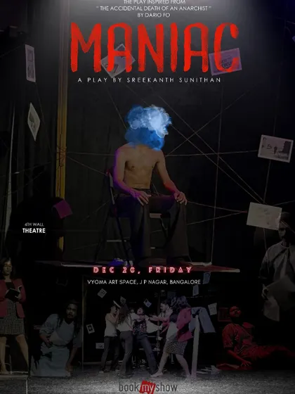 The poster for "MANIAC," a darkly absurdist comedy inspired by Dario Fo's "Accidental Death of an Anarchist."