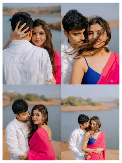 A collection of four romantic portraits from a single lakeside shoot. This shows how we create a variety of beautiful images within one location, capturing different angles and emotions.