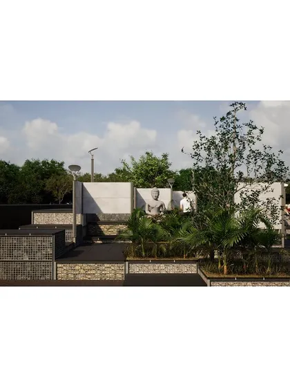 The modular design of the temple landscape allows for flexibility. Elements like gabion walls and precast concrete panels can be moved without disturbing the historic site.
