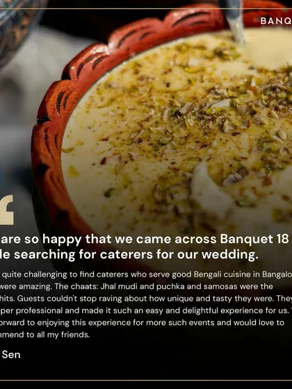 Finding a caterer who could deliver authentic Bengali cuisine in Bangalore was a challenge for Rimi. We were thrilled to bring the flavors of jhalmuri, puchka, and more to her wedding, creating a unique and delightful experience.