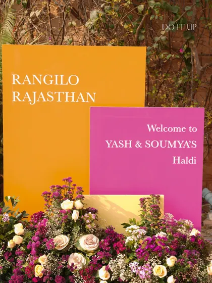 'Rangilo Rajasthan.' The welcome sign for the Haldi, in bold, happy colors, set the tone for a vibrant and energetic celebration.