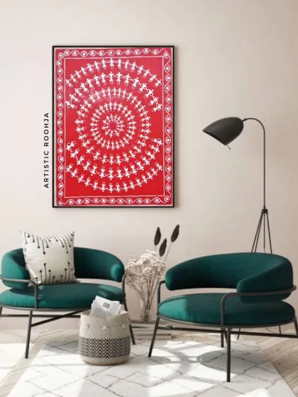 I love showing how traditional art can fit into modern homes. This is a mockup of a Warli painting, a piece similar to what you can learn to create and even sell. My courses include guidance on turning your art into a business.