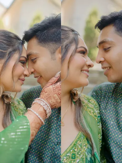 A diptych of a couple sharing an intimate moment during their mehndi ceremony. The close-up on their faces and the bride's intricate henna highlights the romance and tradition of the event.