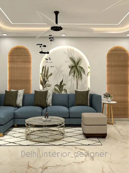 A concept for a living room with a calm, nature-inspired theme. The design includes a large, comfortable sectional sofa, natural textures, and a beautiful arched mural that serves as a unique focal point.
