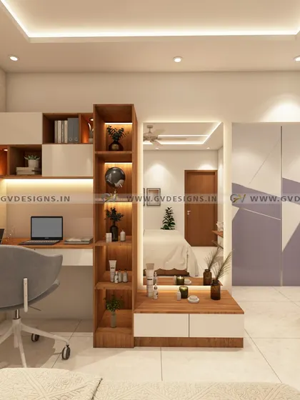 This bedroom features a versatile study unit integrated with a dressing area. The design includes a tall open storage unit for cosmetics and accessories, and a mirror with backlighting, seamlessly blending functionality with style.