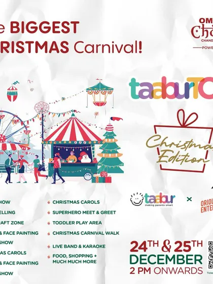 The Biggest Christmas Carnival at Omaxe Chowk, powered by me and Oriole Entertainment. This poster highlights the variety of shows and activities, from magic and puppets to live bands and superhero meet-and-greets.