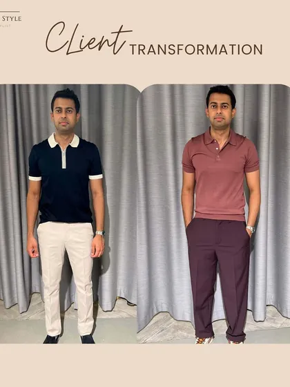 A simple polo shirt can look completely different with the right fit and color. We updated my client's look with a modern, better-fitting polo in a warmer shade, paired with tailored trousers for an elevated yet comfortable style.