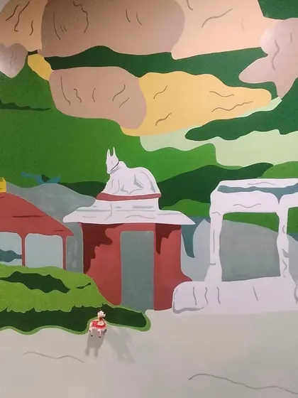 Another section of the Bangalore-themed corporate mural, featuring Nandi Hills and local temples.